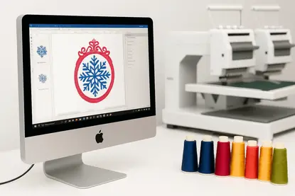 Espace de travail professionnel de broderie numérique avec ordinateur montrant un logiciel de design et des bobines de fil colorées